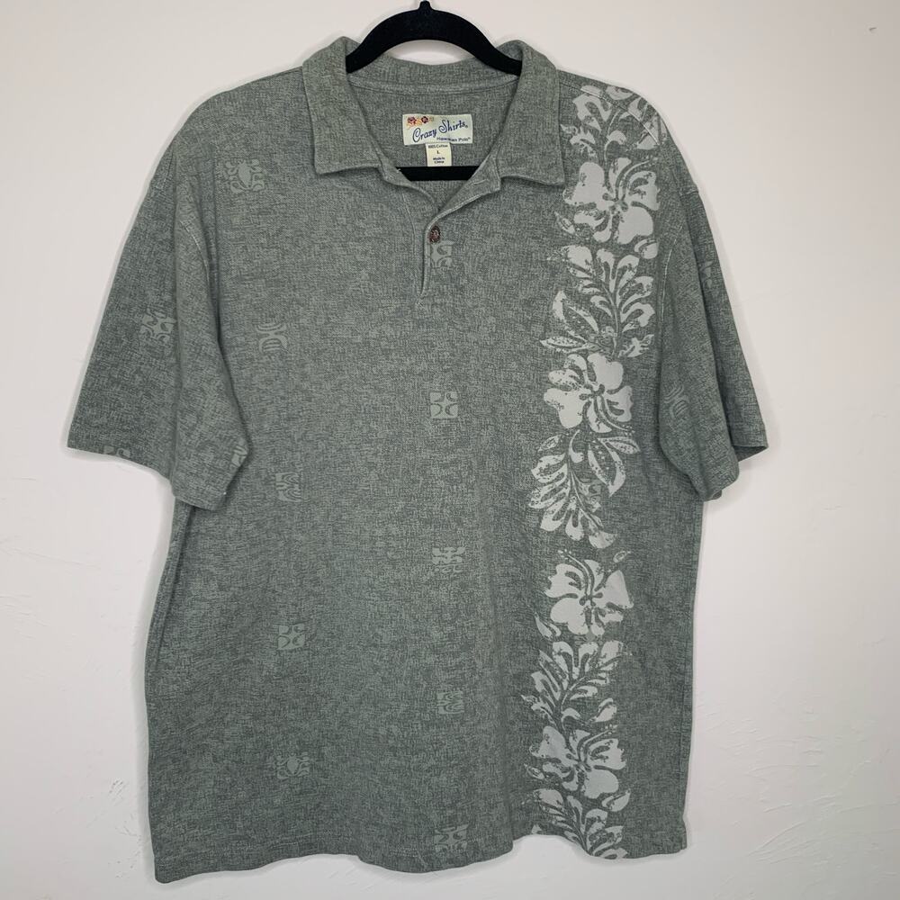 Crazy Shirts Hawaiian Polo Sz Large Cotton Pale Gray Green
